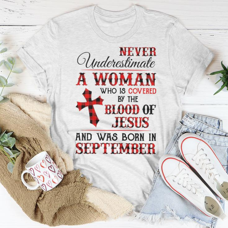 A Woman Covered The Blood Of Jesus And Was Born In September Women T-shirt Unique Gifts
