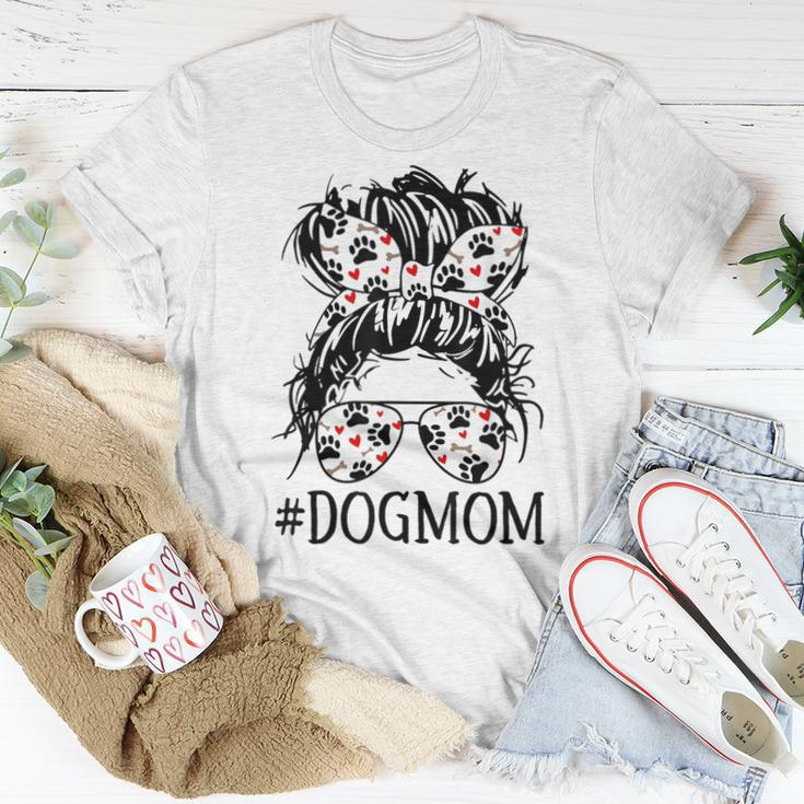 Women's Messy Bun Mom Dog Mom Glasses Fun Dog Lovers Women T-shirt Unique Gifts