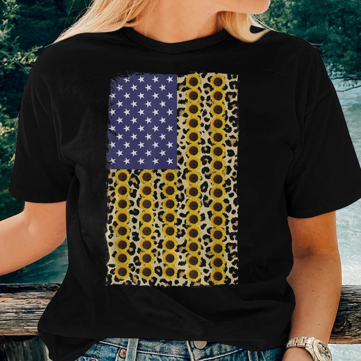 American Flag Leopard Sunflower 4Th Of July Women T-shirt Gifts for Her