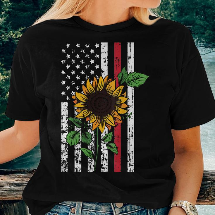 American Flag Sunflower Red Line Firefighter Patriotic Women T-shirt Gifts for Her
