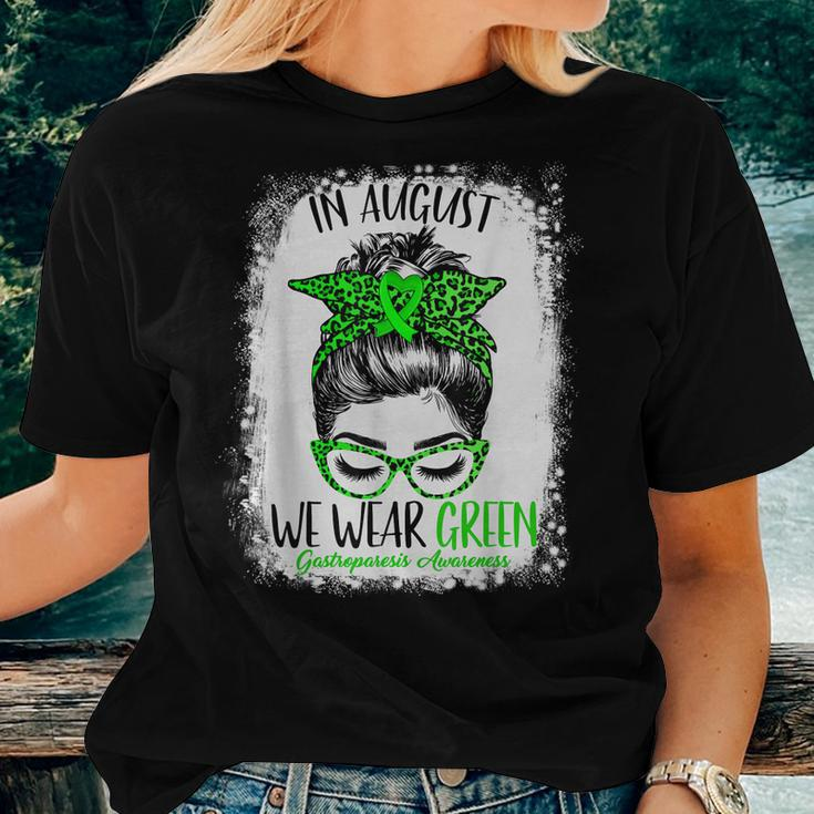 In August We Wear Green Gastroparesis Awareness Messy Bun Women T-shirt Gifts for Her