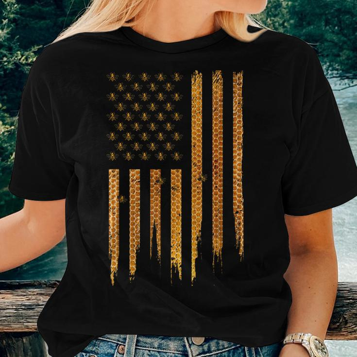 Beekeeping American Flag Honeycomb Honey Bees Beekeeper Women T-shirt Casual Daily Basic Unisex Tee Gifts for Her