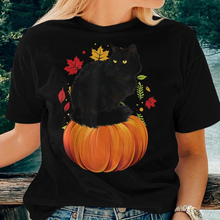 Black Cat Autumn Fall Season Pumpkin Thanksgiving Cat Women T-shirt Gifts for Her
