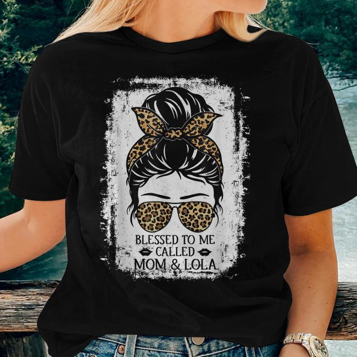 Blessed To Be Called Mom & Lola Messy Bun Leopard Grandma Women T-shirt Gifts for Her