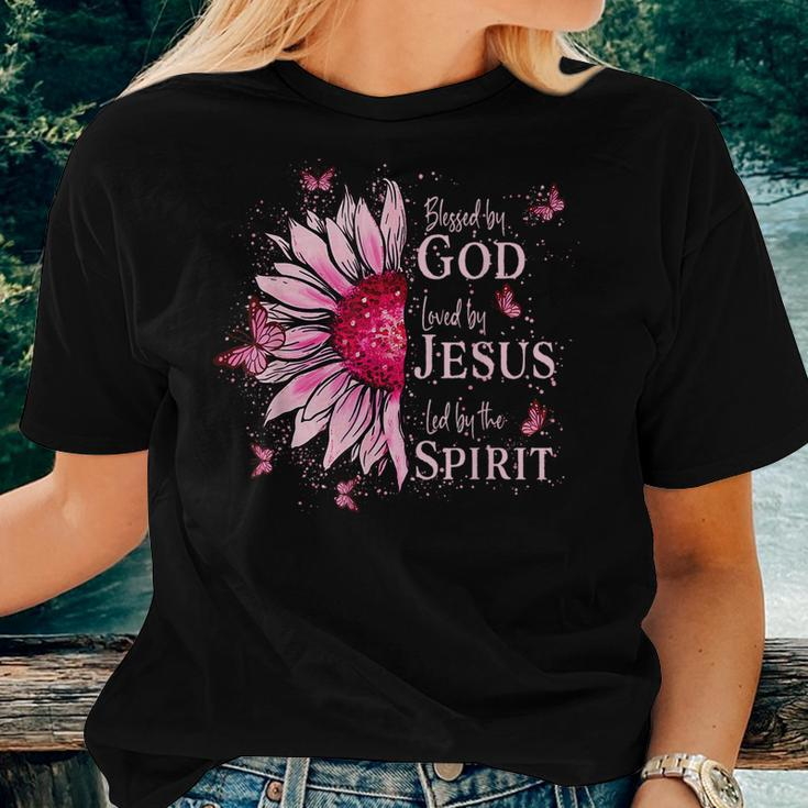 Blessed By God Loved By Jesus Pink Sunflower Women T-shirt Gifts for Her