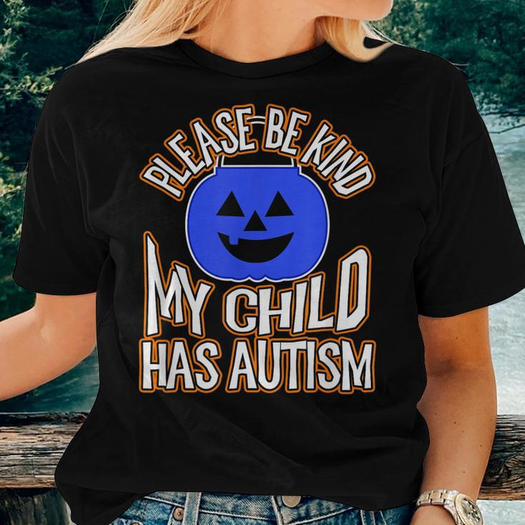Blue Pumpkin Bucket Halloween Be Kind My Child Has Autism Women T-shirt Gifts for Her
