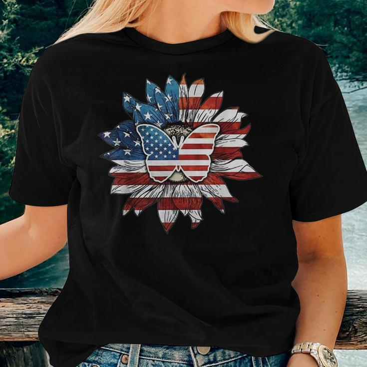 Butterfly Sunflower American Flag Women T-shirt Gifts for Her