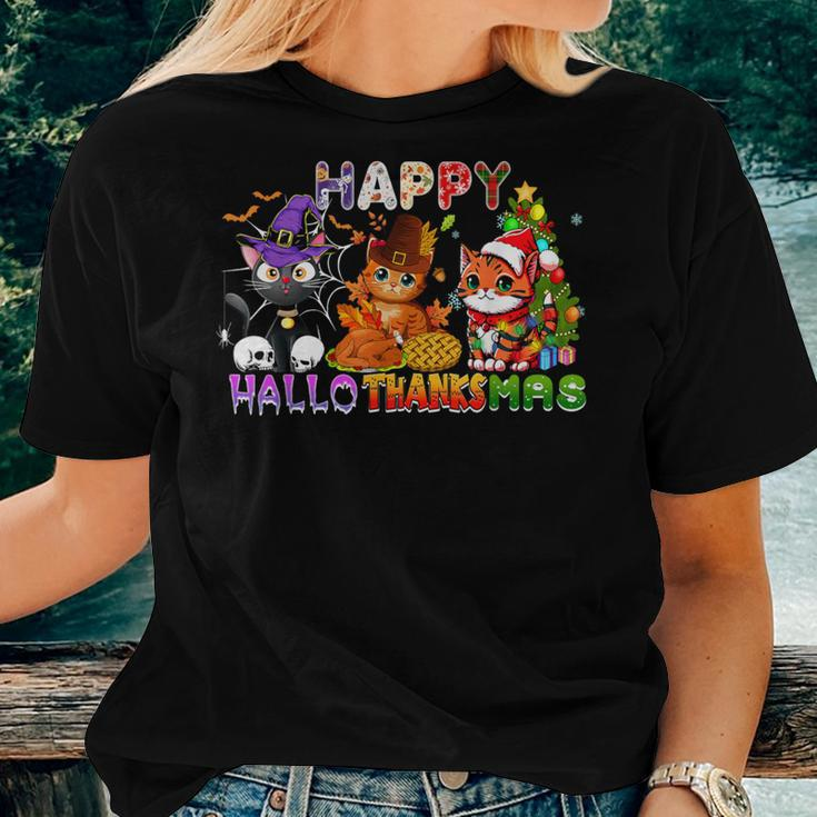 Cat Happy Hallothanksmas Halloween Thanksgiving Christmas Women T-shirt Gifts for Her