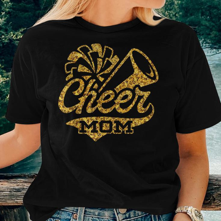 Cheer Mom Biggest Fan Cheerleader Black Yellow Gold Pom Pom Women T-shirt Gifts for Her