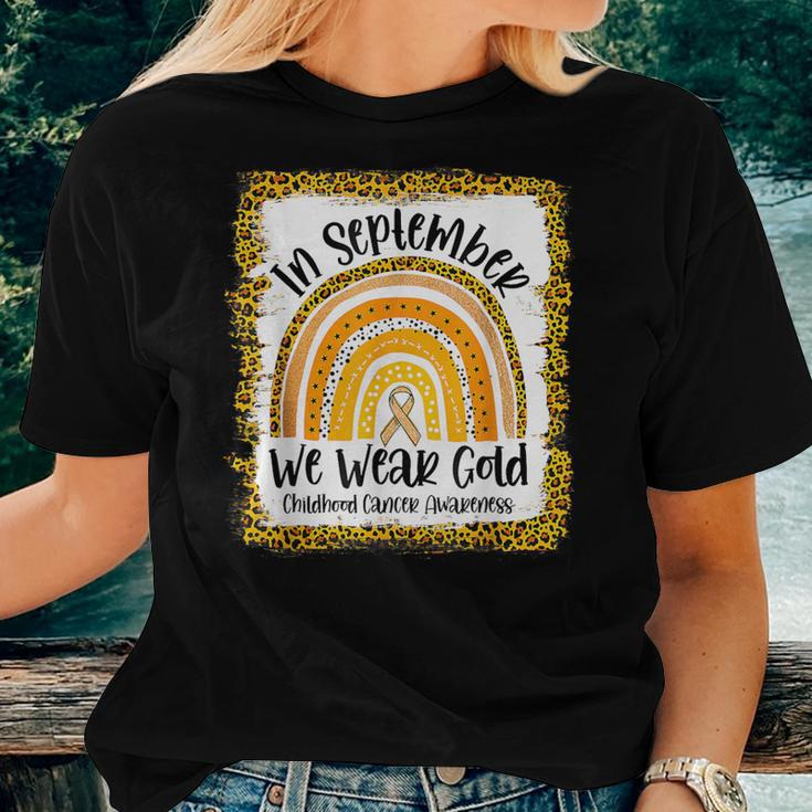 Childhood In September We Wear Gold Rainbow Childhood Cancer Women T-shirt Gifts for Her