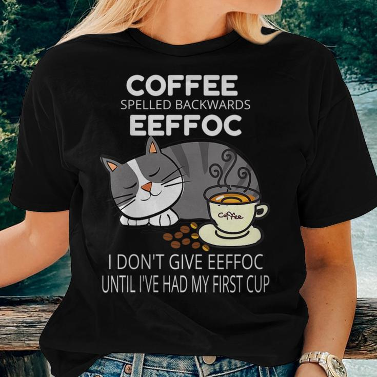 Coffee Backwards Eeffoc Cat And Coffee Humor Women T-shirt Crewneck Gifts for Her