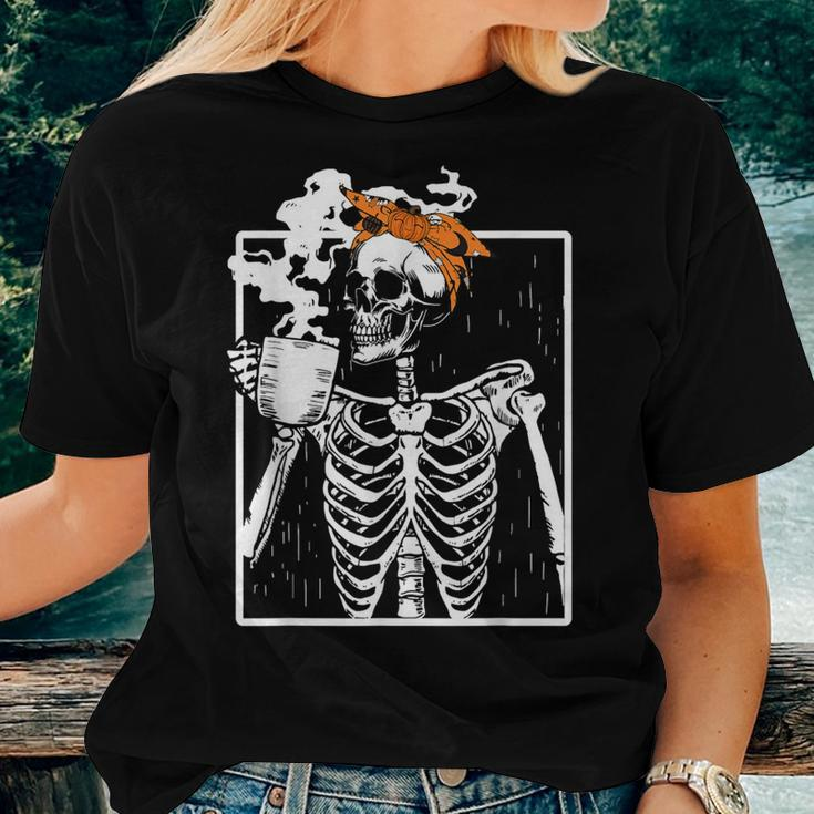 Coffee Drinking Skeleton Diy Halloween Messy Bun Girl Women T-shirt Gifts for Her