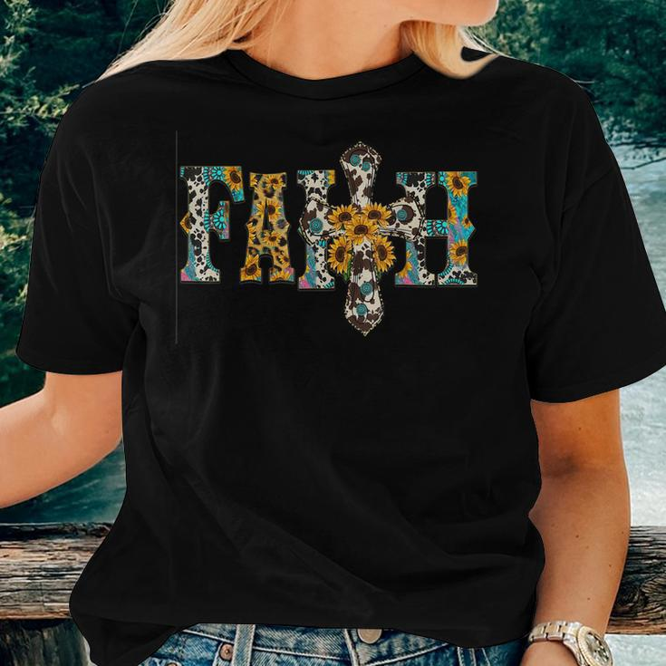Cowhide Sunflowers Turquoise Faith Cross Jesus Cowgirl Rodeo Women T-shirt Gifts for Her