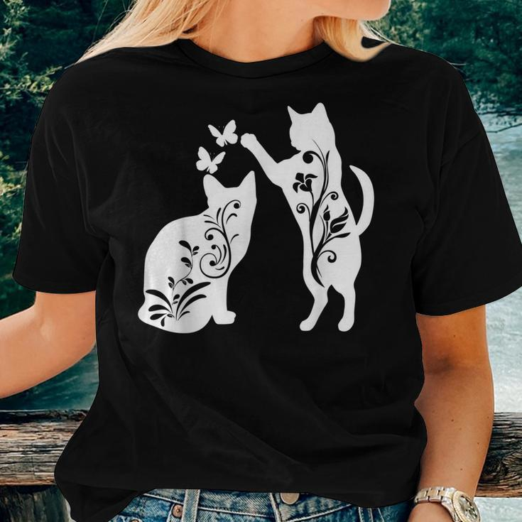 Cute Cat Butterflies Doodle Womens Women T-shirt Gifts for Her