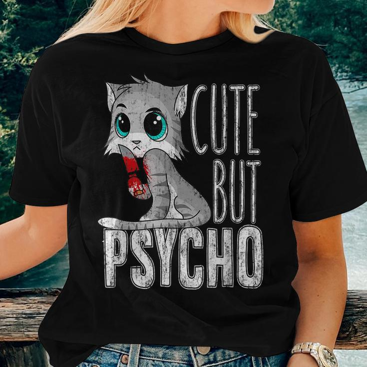 Cute But Psycho Kitty Cat Humor Wife Mom Horror Goth Women T-shirt Gifts for Her