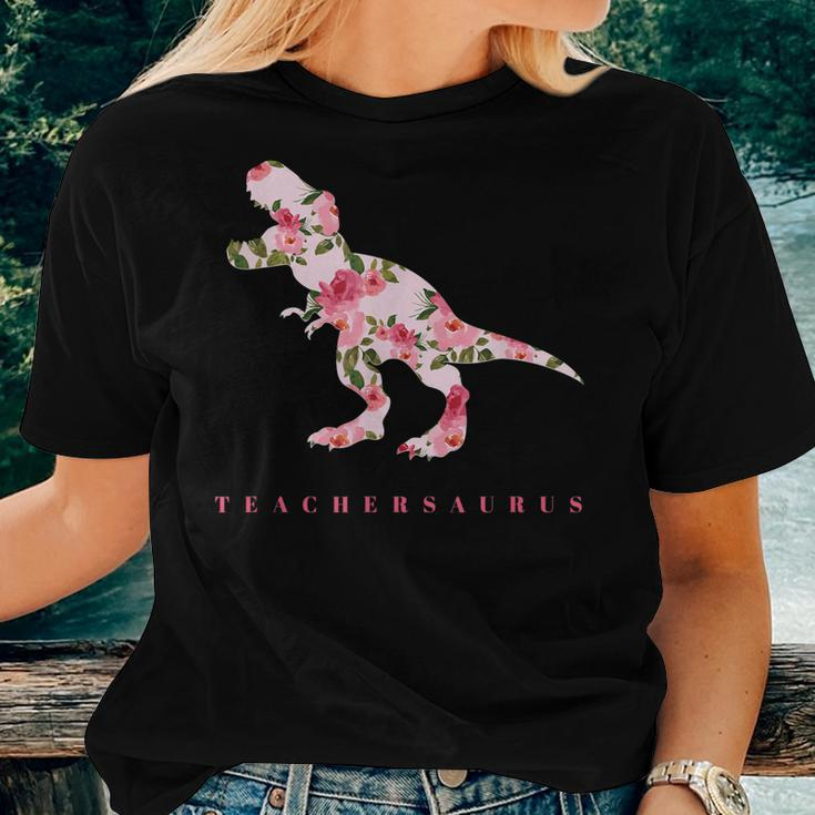 Cute Teachersaurus With Floral Dinosaur Trex Women T-shirt Gifts for Her
