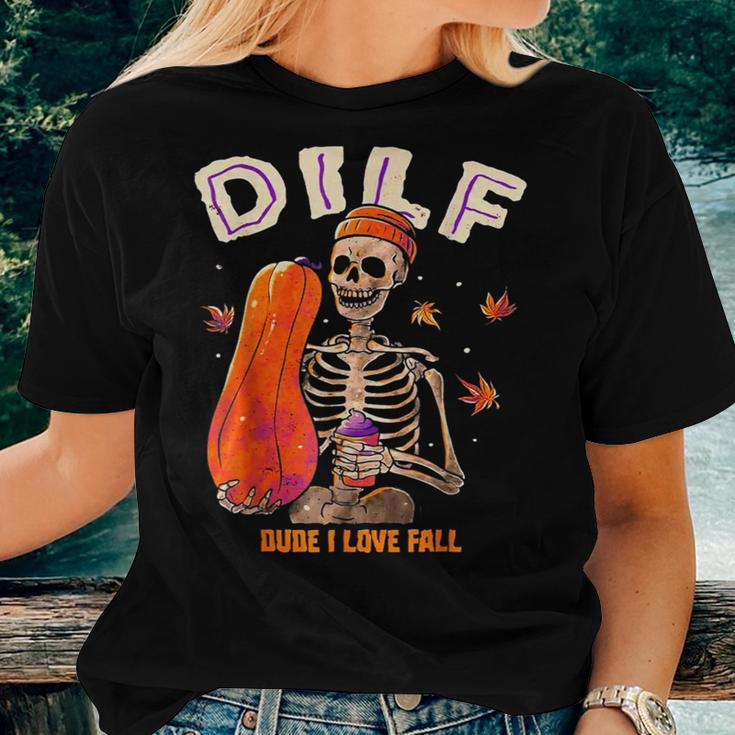 Dilf Dude I Love Fall Skeleton Pumpkin Halloween Customs Women T-shirt Gifts for Her