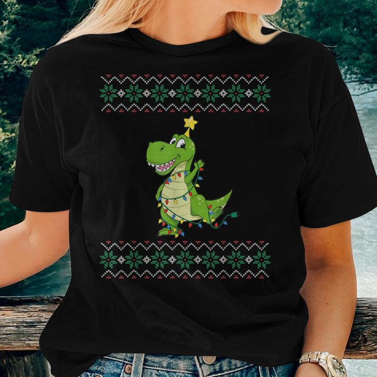 Dinosaur Ugly Sweater Christmas Lights Dinosaur Women T-shirt Gifts for Her