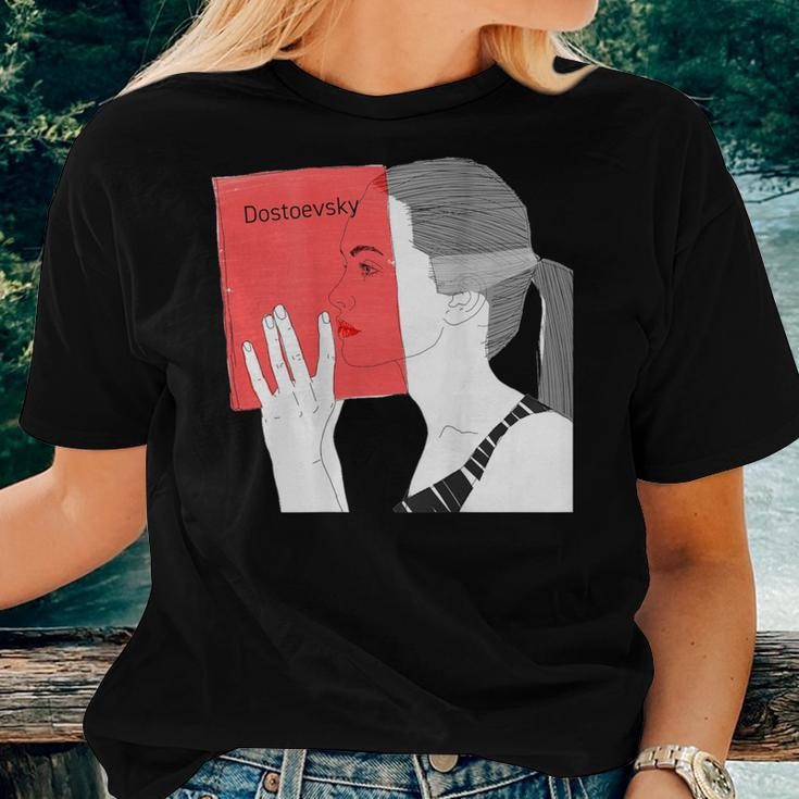 Dostoevsky Sketch Back Print Stylish Girl Read Book Women T-shirt Gifts for Her
