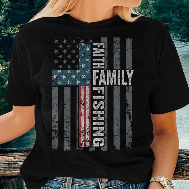 Faith Family Fishing Usa Christian Cross Flag On Back Women T-shirt Gifts for Her