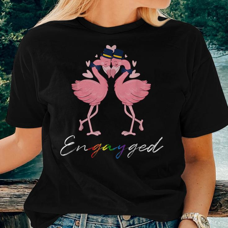 Flamingo Engayged Engaged Gay Lgbt Rainbow Flag Women T-shirt Gifts for Her