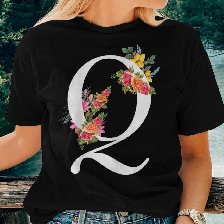 Floral Alphabet Letter First Name With Q Flower Women T-shirt Gifts for Her