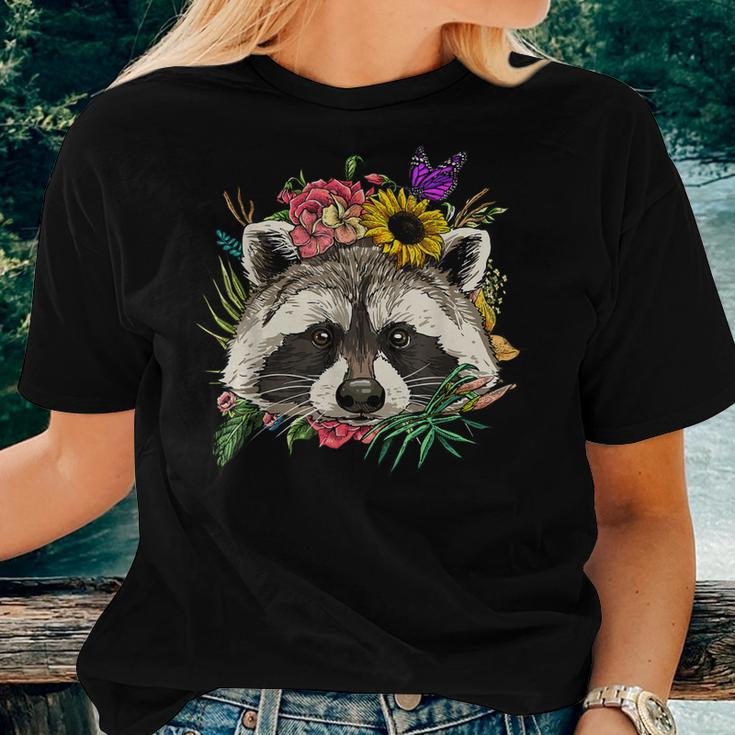 Floral Raccoon Gardening Botanical Plant Flower Trash Panda Women T-shirt