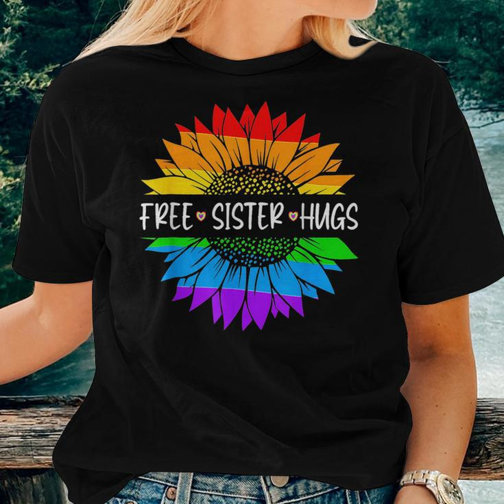 Free Sister Hugs Rainbow Sunflower Lgbt Gay Pride Month Women T-shirt Gifts for Her