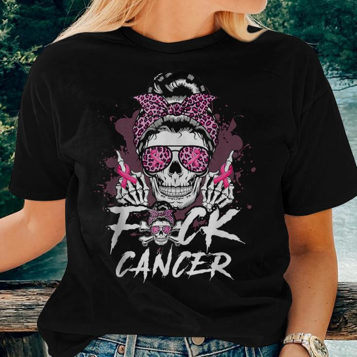 Fuck Breast Cancer Warrior Pink Ribbon Messy Bun Hair Women T-shirt Gifts for Her