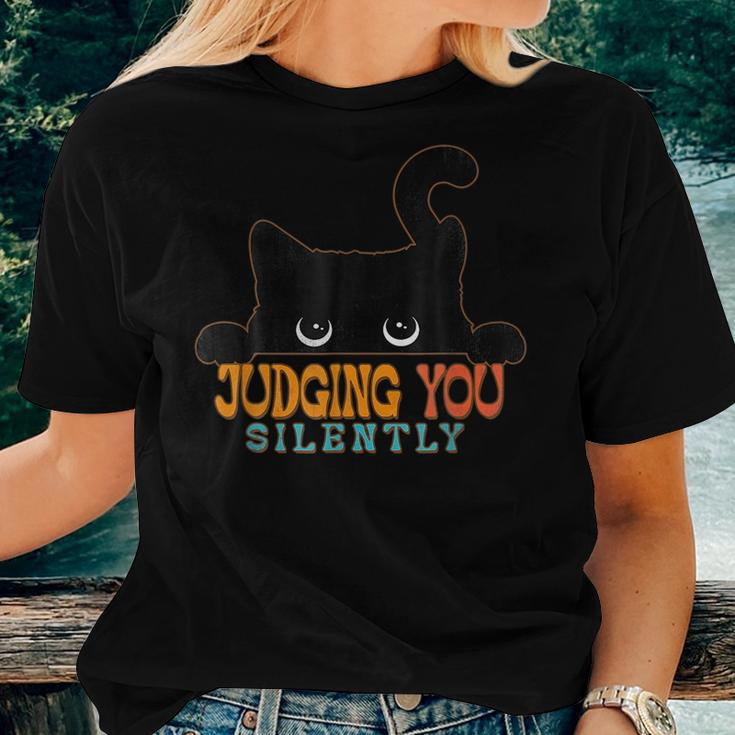 Funny Black Cat Judging You Silently Sarcastic Cat Women T-shirt Crewneck Short Sleeve Graphic Gifts for Her