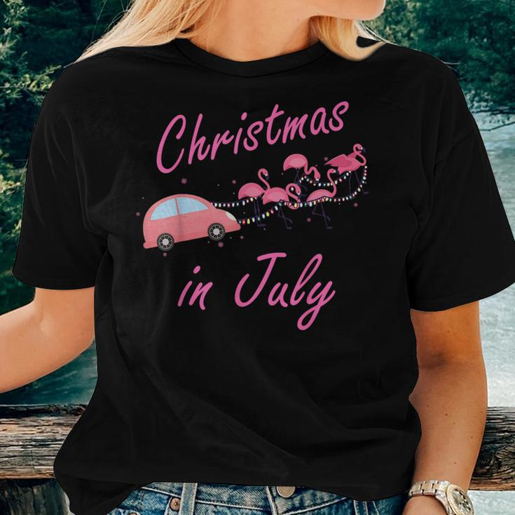 Funny Cute Flamingo Pink Camping Car Christmas In July Women T-shirt Gifts for Her