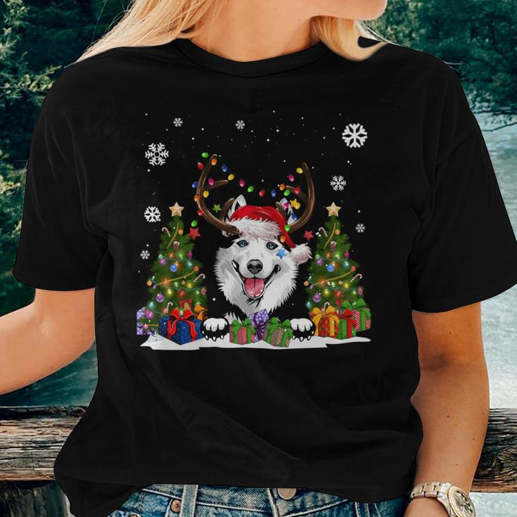 Siberian Husky Dog Santa Hat Ugly Christmas Sweater Women T-shirt Gifts for Her