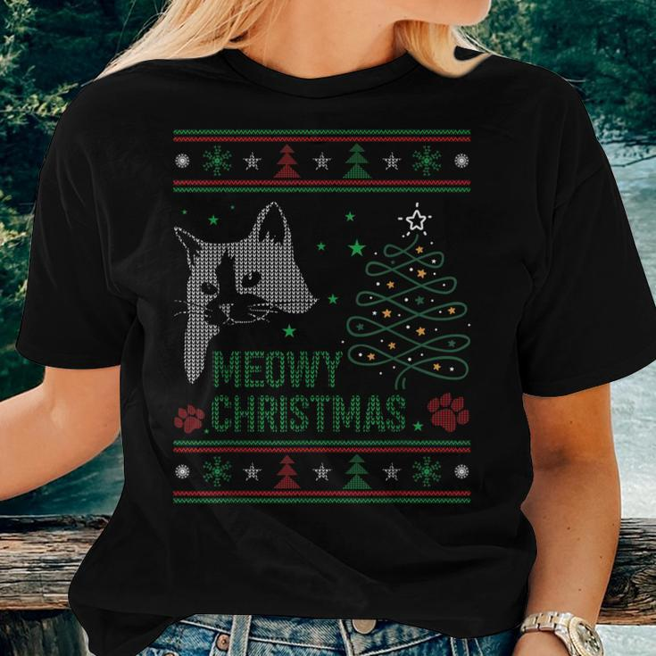 Ugly Christmas Sweater Meowy Catmas Merry Catmas Xmas Women T-shirt Gifts for Her