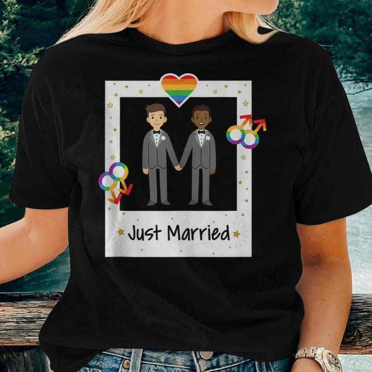 Gay Couple Just Married Rainbow Lgbt Wedding Men Husband Women T-shirt Gifts for Her