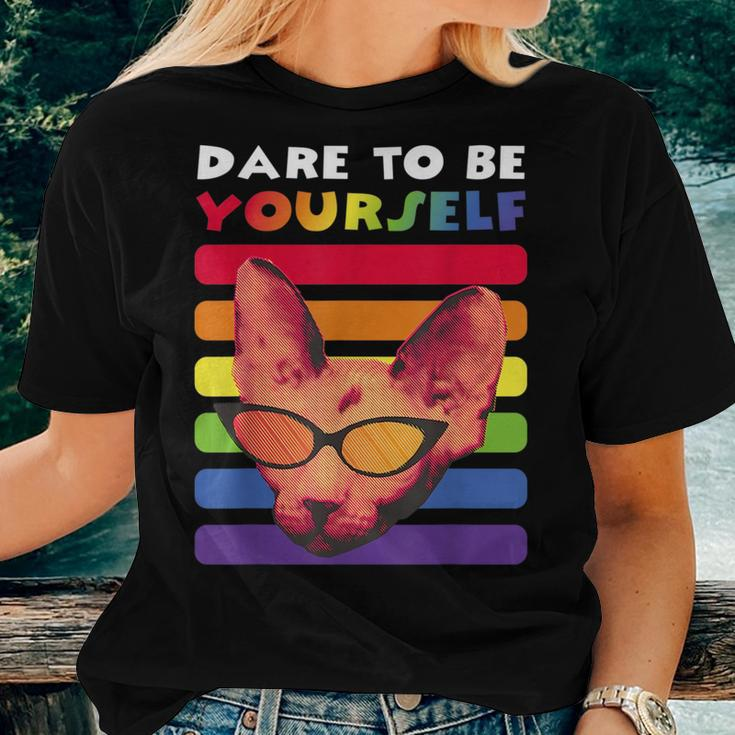 Gay Pride Dare To Be Yourself Rainbow Lgbt Vintage Retro Cat Women T-shirt Gifts for Her