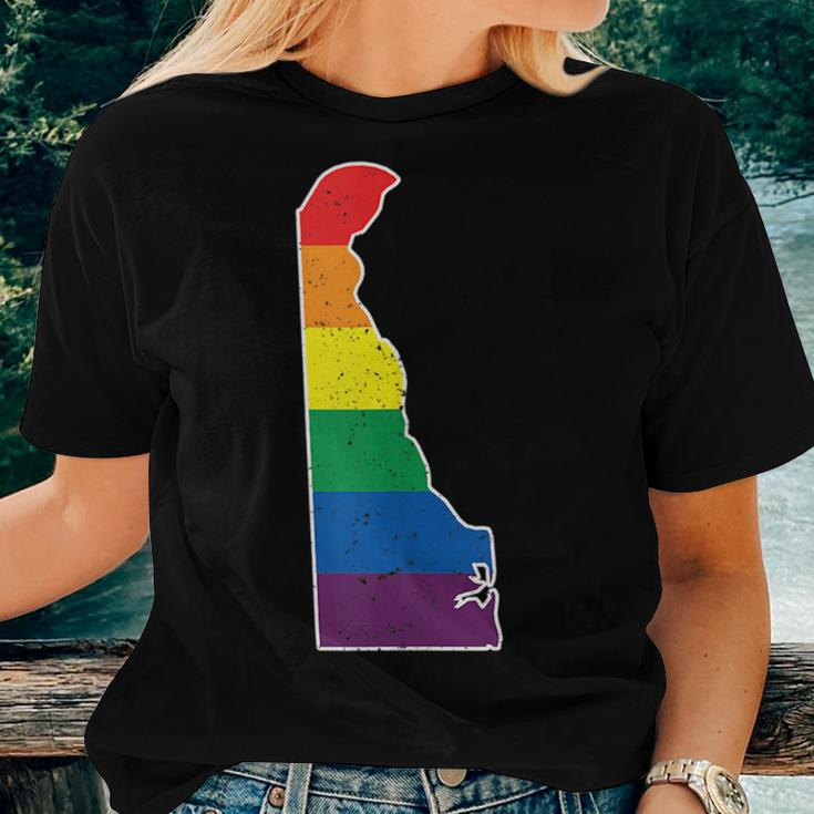 Gay Pride Flag - Delaware State Map - Rainbow Stripes Women T-shirt Gifts for Her