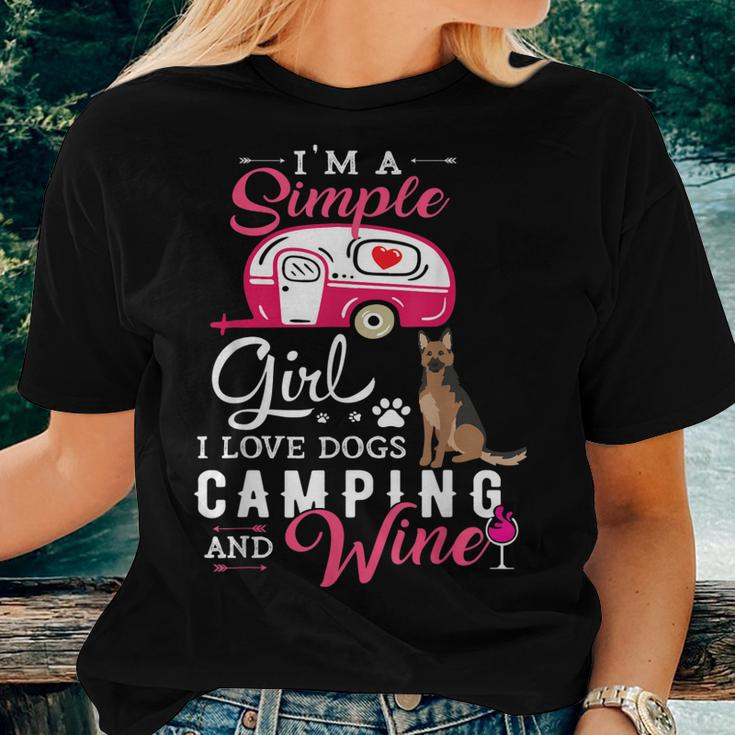 German Shepherd Dog Im A Simple Girl Wine Lover Camping Women T-shirt Gifts for Her