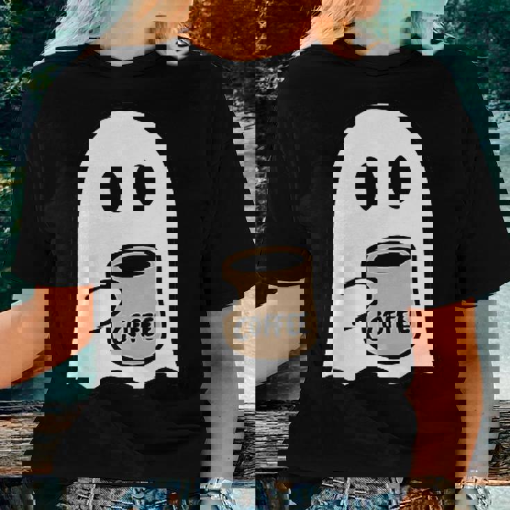 Ghost Drinking Coffee Funny Halloween Costume Coffee Lover Women T-shirt Short Sleeve Graphic Gifts for Her