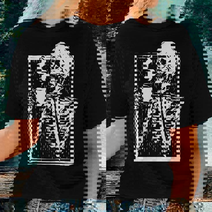 Halloween Coffee Drinking Skeleton Skull Women T-shirt Gifts for Her