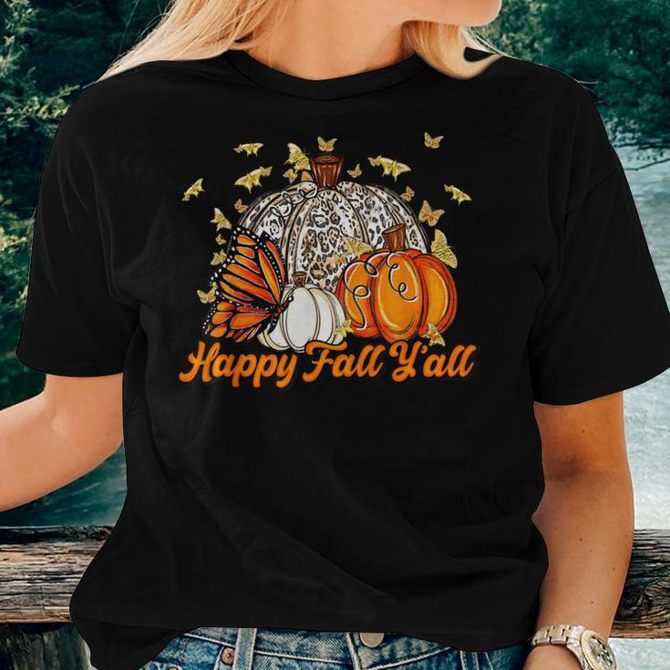 Happy Fall Y'all Pumpkin Butterfly Autumn Thanksgiving Retro Women T-shirt Gifts for Her