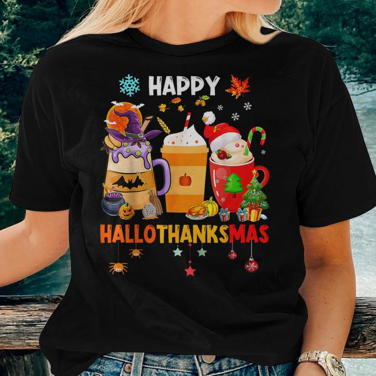 Happy Hallothanksmas Halloween Coffee Latte Thanksgiving Women T-shirt Gifts for Her