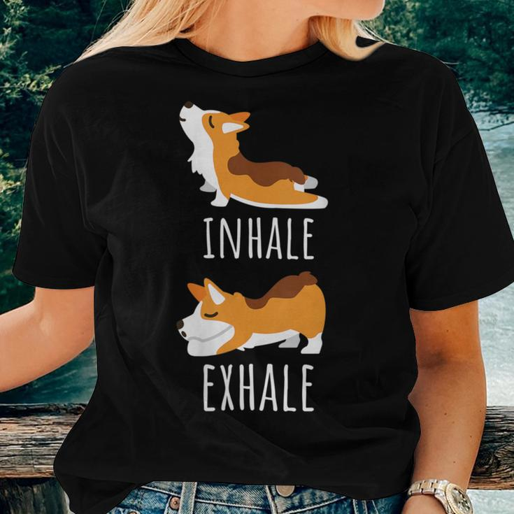 Inhale Exhale Corgi Yoga Meditation Workout Dog Mom Women T-shirt Gifts for Her