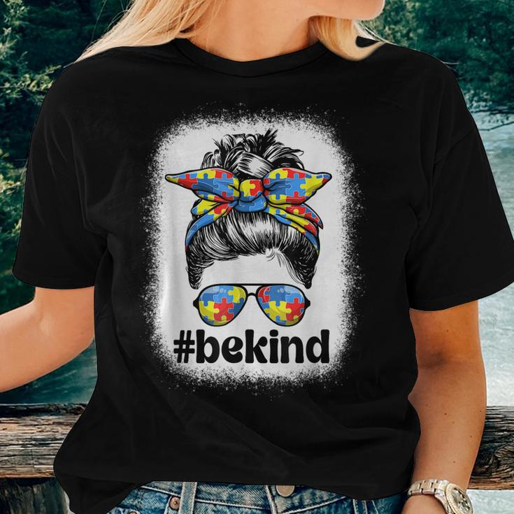 Be Kind Autism Awareness Autism Mom Messy Bun Women T-shirt Gifts for Her
