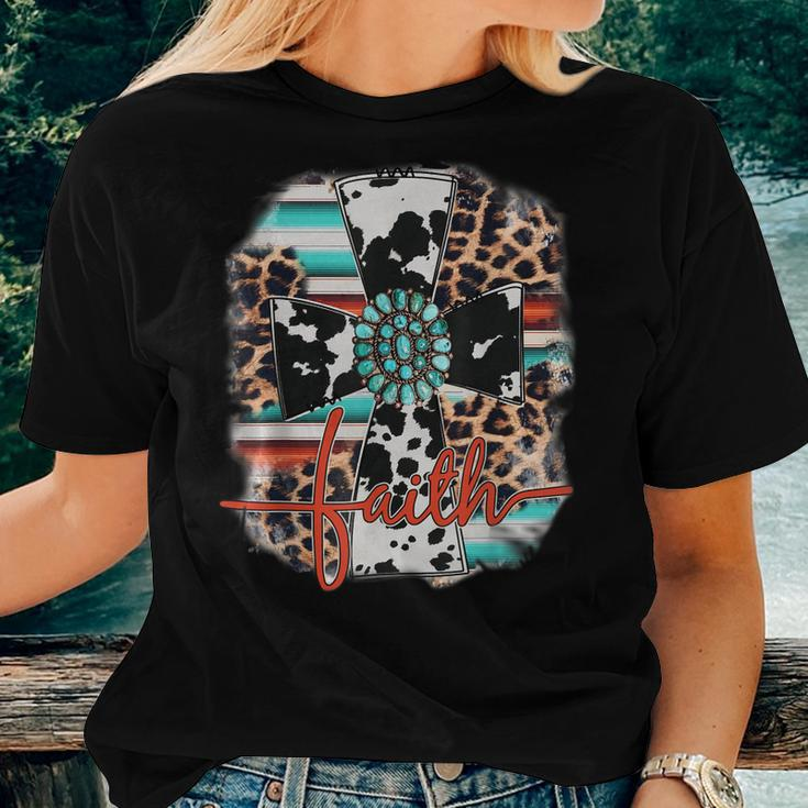 Leopard Serape Turquoise Leopard Western Faith Cross Cowgirl Women T-shirt Gifts for Her