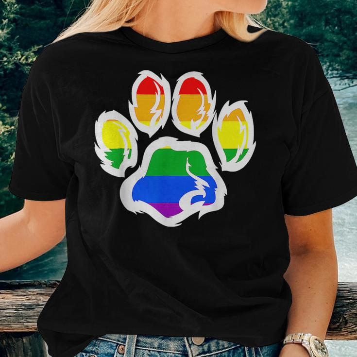 Lgbt Ally Furry Pride Rainbow Fursuit Dog Paw Print Women T-shirt Gifts for Her