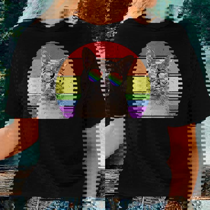 Lgbtq European Burmese Cat Retro Rainbow Love Pride Women T-shirt Gifts for Her