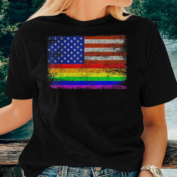 Lgbtq Lesbian Gay Pride 4Th Of July American Rainbow Flag Women T-shirt Crewneck Gifts for Her