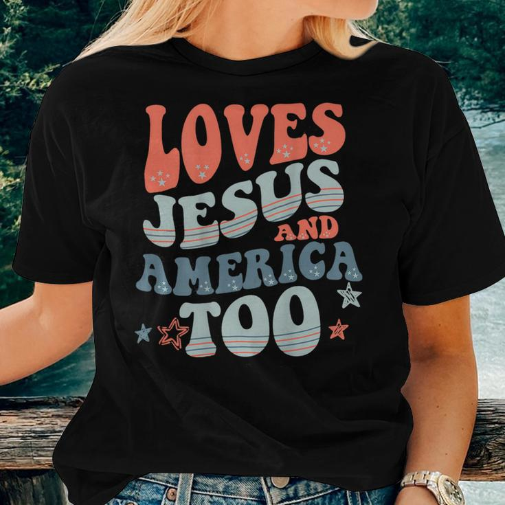 Loves Jesus And America Too Christian American On Back Women T-shirt Gifts for Her