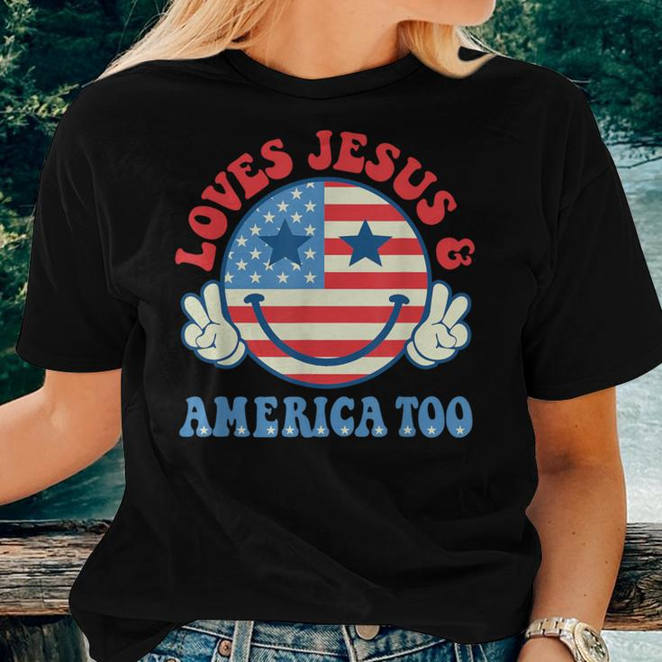 Loves Jesus And America Too Groovy God Christian 4Th Of July Women T-shirt Gifts for Her