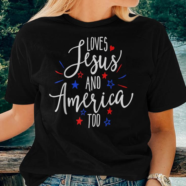 Loves Jesus And America Too Retro 4Th Of July Cute Christian Women T-shirt Gifts for Her
